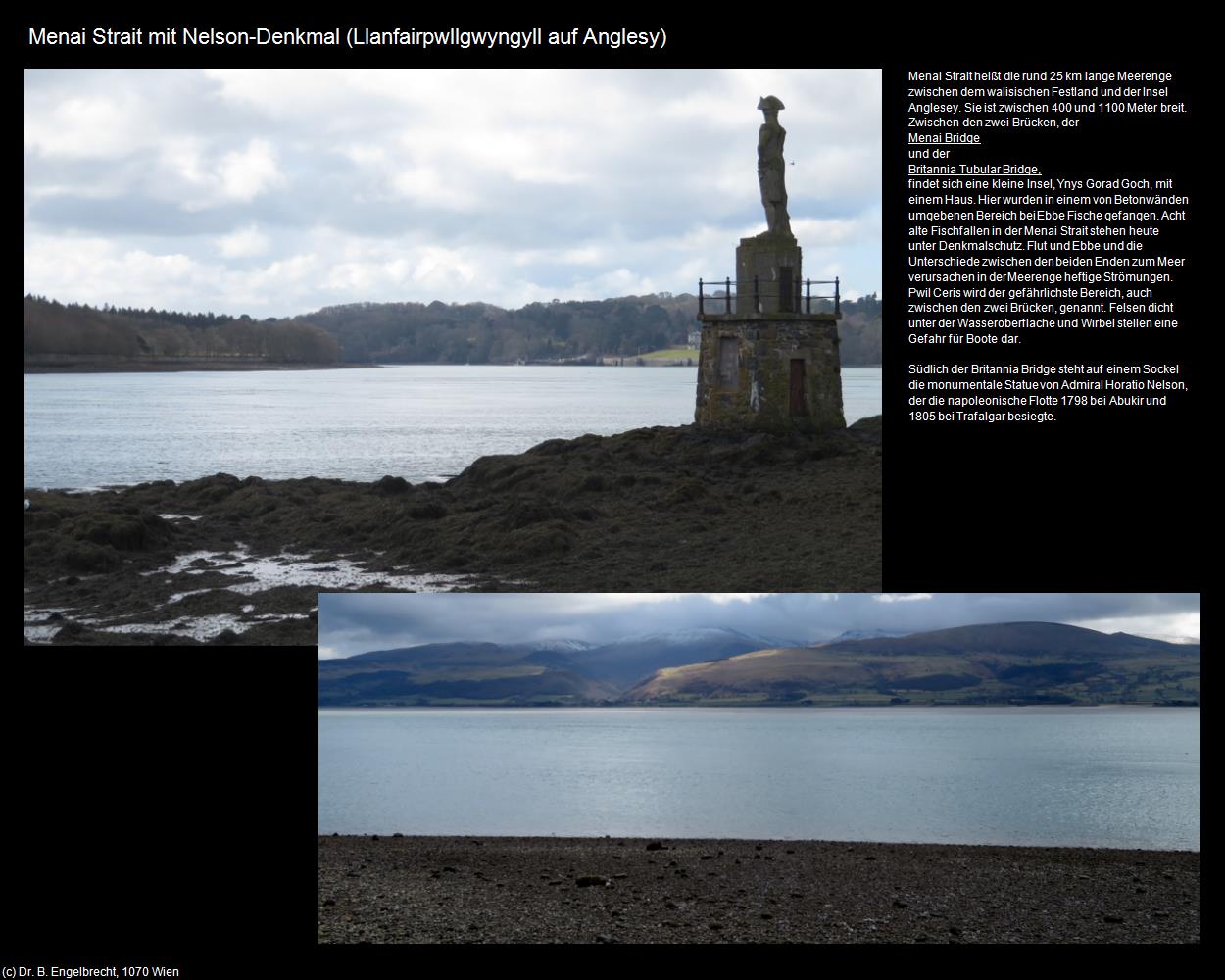 Menai Strait mit Nelson-Denkmal  (Llanfairpwllgwyngyll auf Anglesy) in Kulturatlas-ENGLAND und WALES(c)B.Engelbrecht